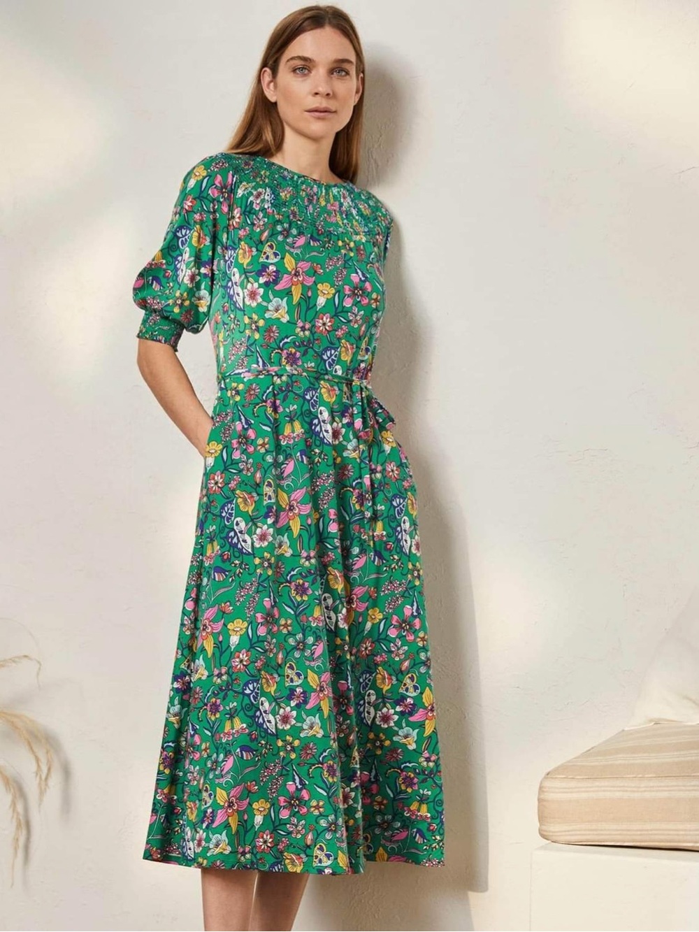 NWT Boden Highland Green Floral Midi Dress with Smocking Size 4